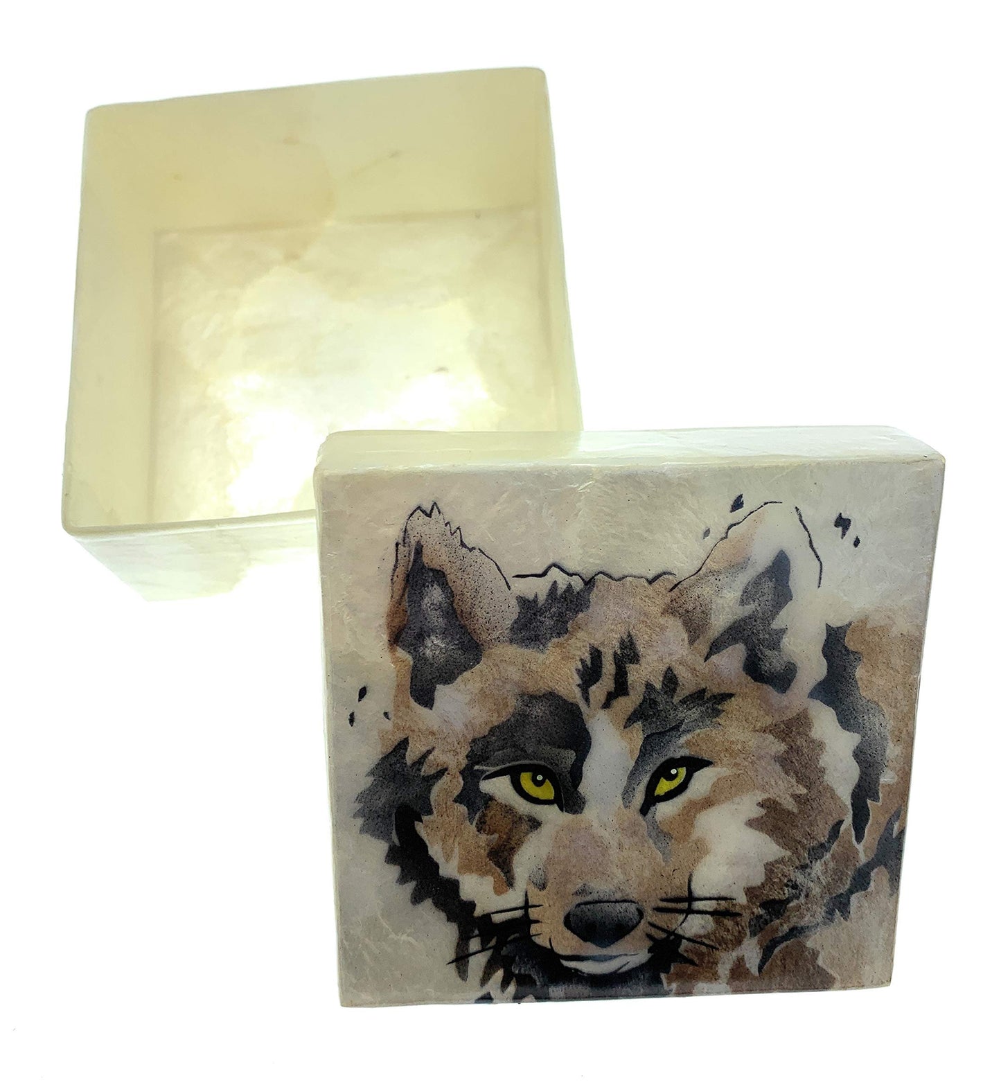 Kubla Crafts Wolf Capiz Shell Keepsake Box, 3 Inches X 3 Inches