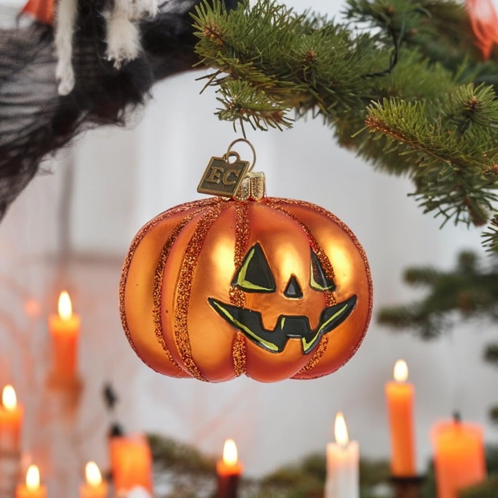 RAZ Imports 2.75" Halloween Pumpkin Ornament, Orange Glittered, Handcrafted Glass, Jack O' Lantern, Halloween Decoration