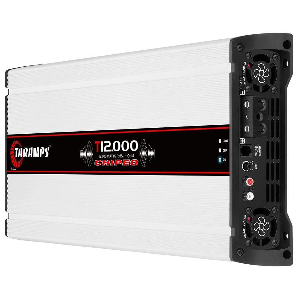 Taramps T 12.000 Chipeo 1 Ohm 12000 Watts Rms 12.6 Volts, Peak Power 13300 Watts Rms Monoblock Car Audio Amplifier RCA Input Gain Control Smart Cooler