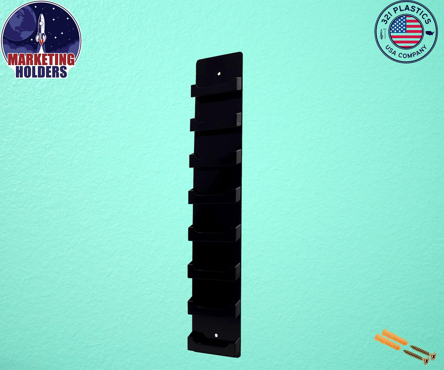 Marketing Holders Wall Business Card Holder with Hanging Hardware for 3.5" x 2" Gift or Appointment Cards Trade Show Convention Real Estate Hotel Hospitality 8 Slots Black Acrylic One Piece Modern