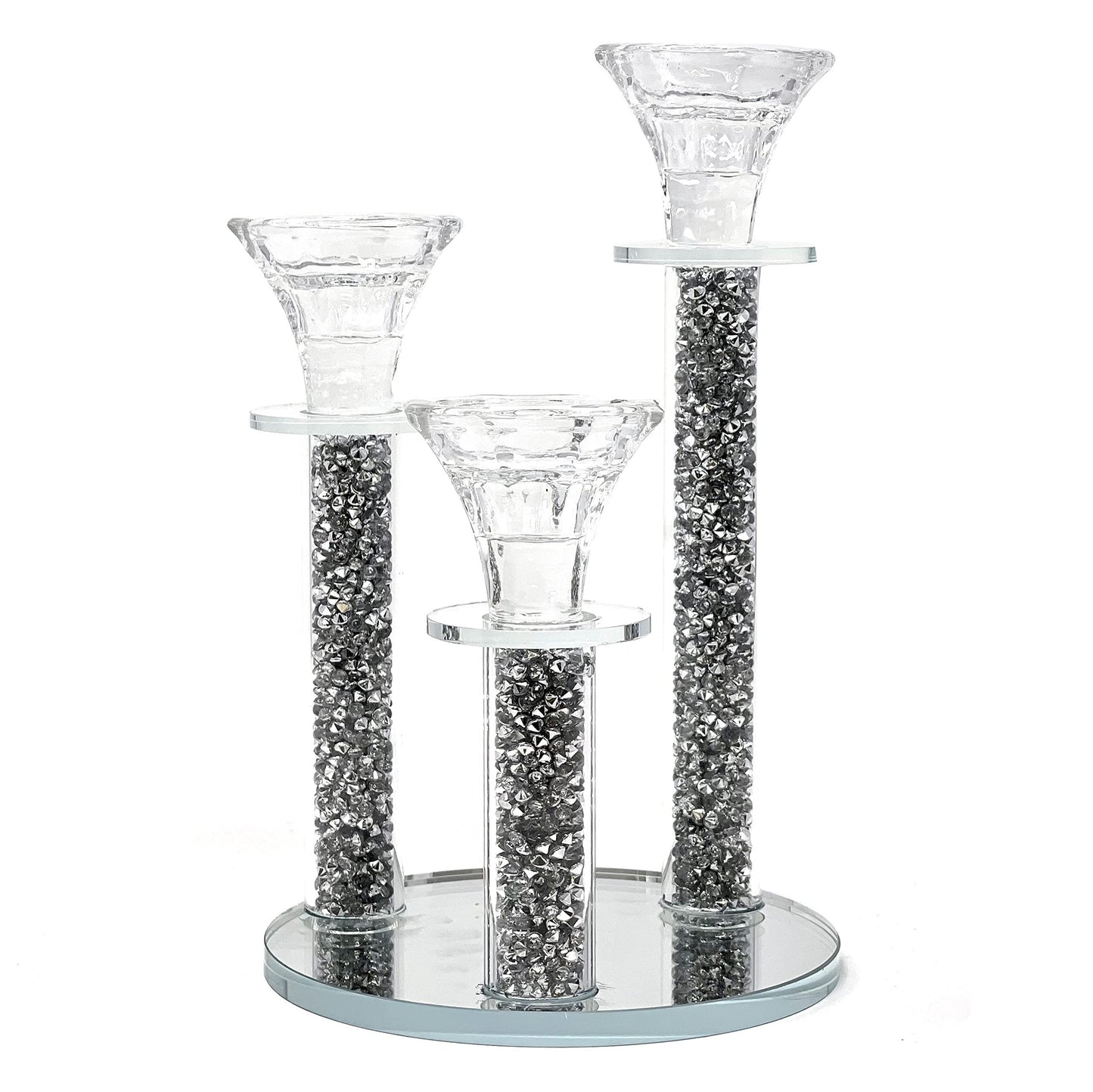 Allgala 9 Inch Tall 3-Pillar Filled with Diamond Like Stone Filled Crystal Candlesticks with Mirror Base