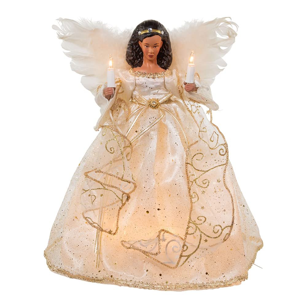Kurt Adler 12-Inch UL 10-Light Ivory & Gold African American Angel Treetop