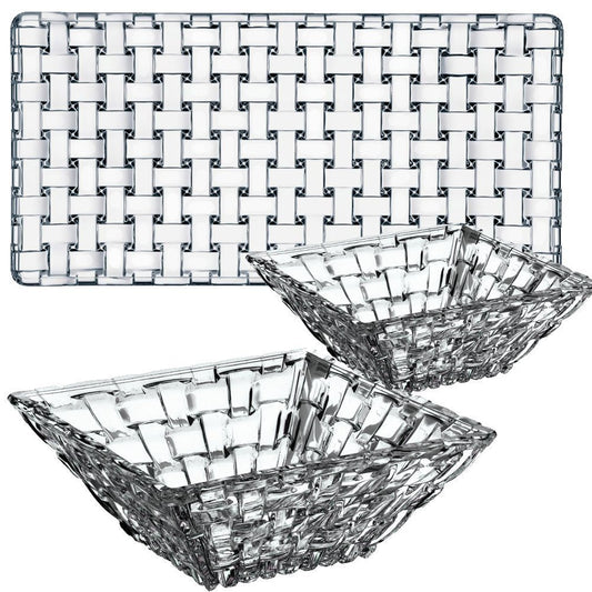 Nachtmann Bossa Nova Crystal Glass Serving Set – (5.75" x 11.3") Rectangular Platter with Two Square Bowls, Textured Basketweave Design for Snacks, Fruit, Desserts & Lead-Free Entertaining Gift