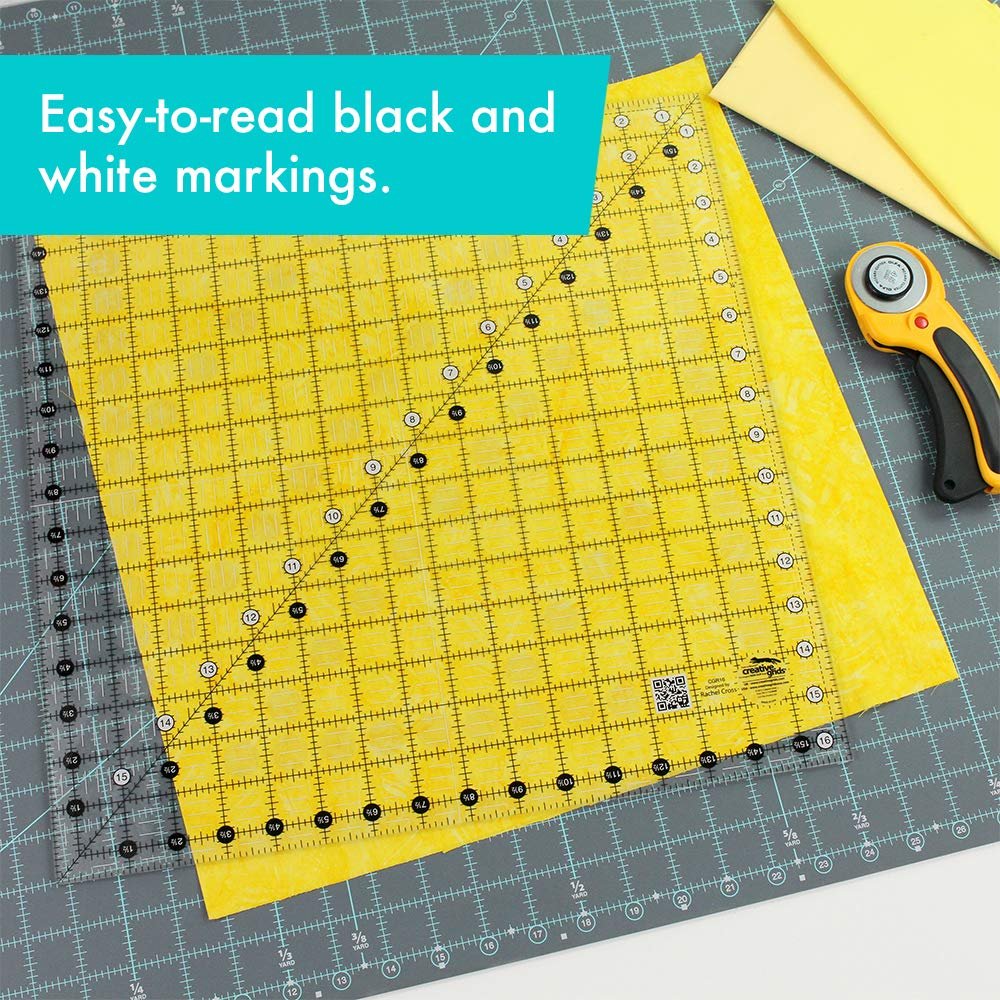 Creative Grids Quilt Ruler 16-1/2in x 16-1/2in Square – CGR16 – Made in USA, Non-Slip Grip Acrylic Quilting, Sewing, Crafting, Patchwork Ruler for Measuring & Cutting Fabric