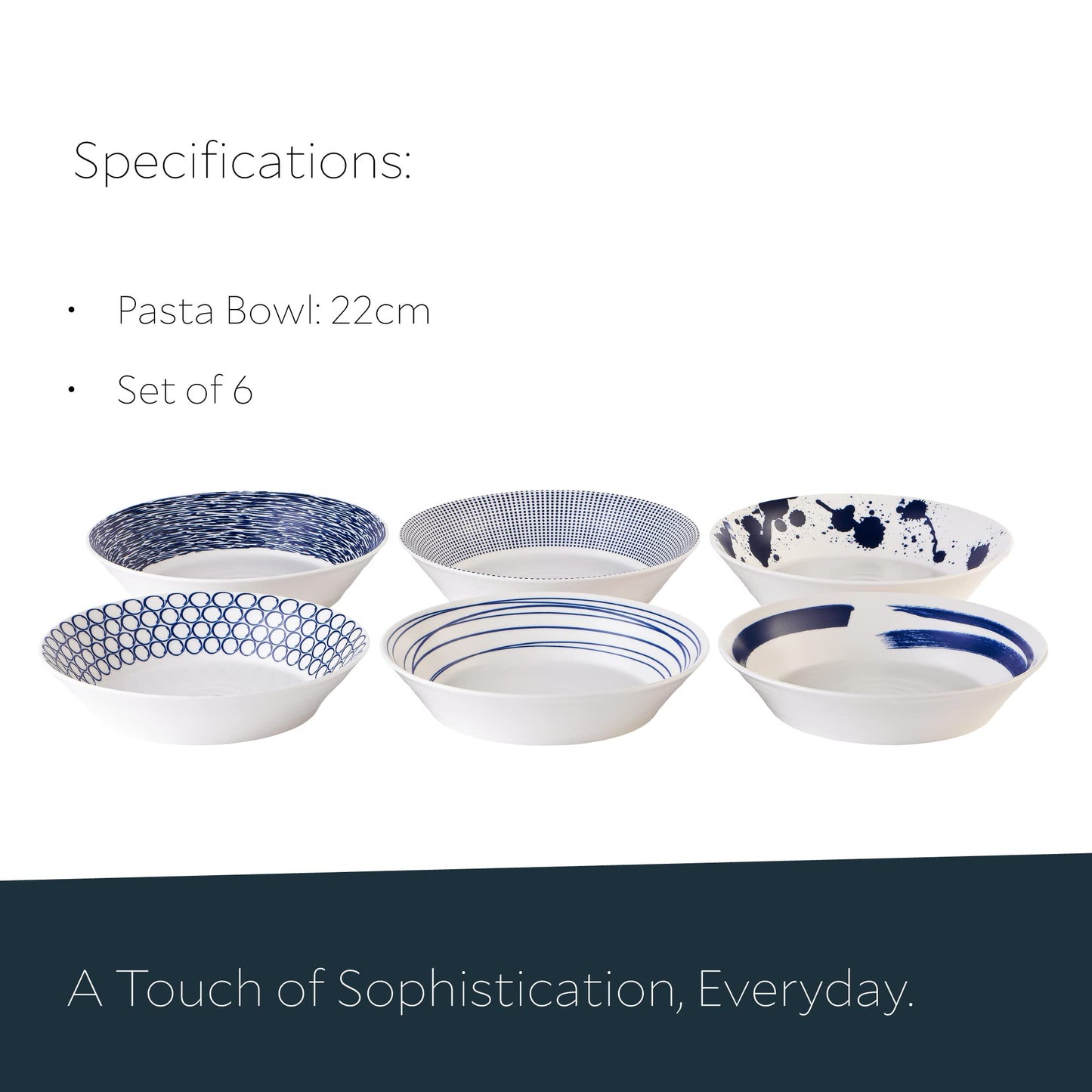 Royal Doulton Porcelain Pacific Mixed Patterns Set of 6 Pasta Bowls, 22cm, Blue