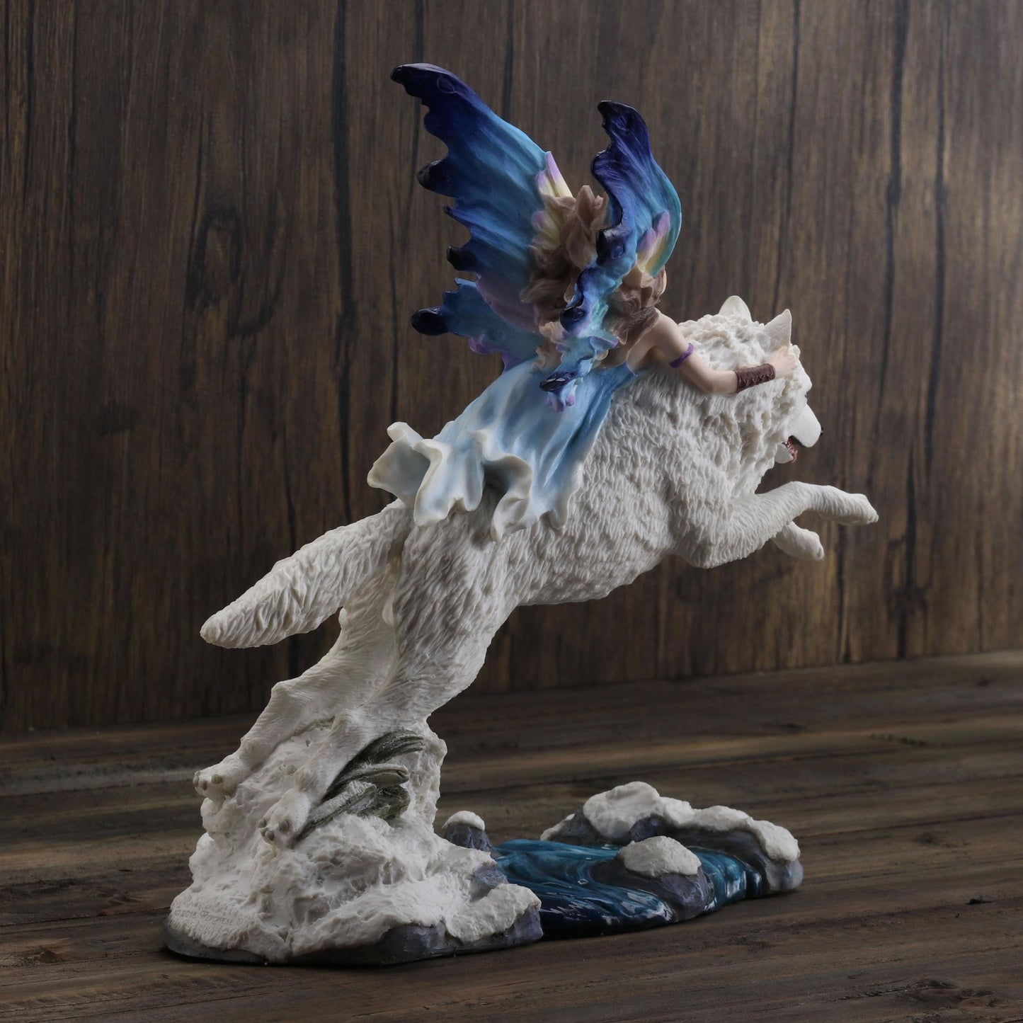 Unicorn Studio Fairy Riding On Leaping Arctic White Wolf Hand Painted Resin Figurine