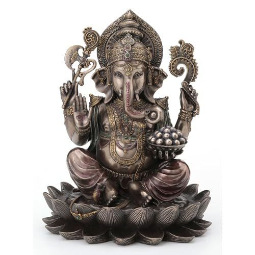 Veronese Design 9 7/8 Inch Lord Ganesha Sitting on Lotus Hindu God Antique Bronze Finish Resin Statue