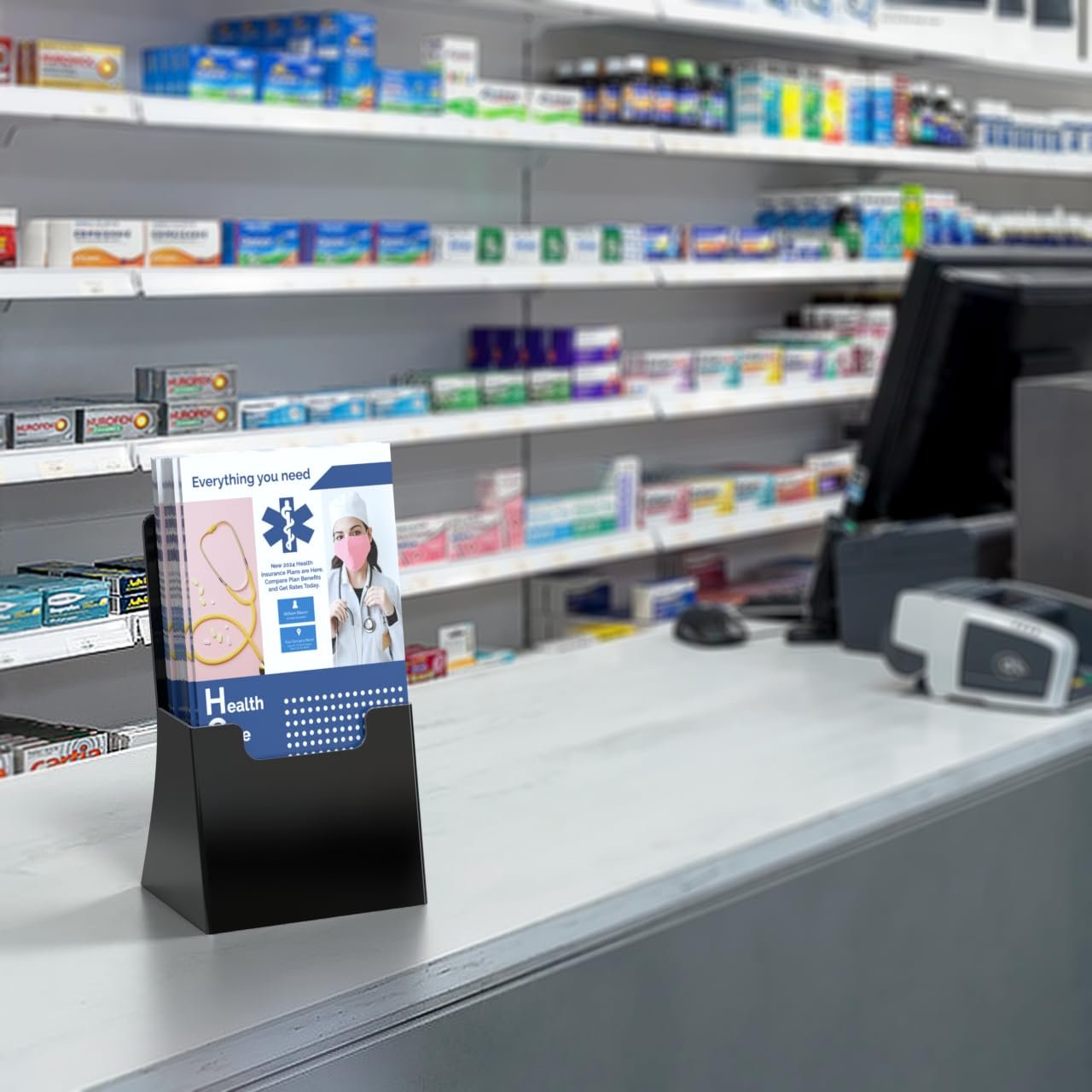 Marketing Holders 6 Pack Brochure Holder for 4.25" Trifolds Black Acrylic Countertop Literature Organizer Freestanding Angled Pamphlet Dispenser for Offices Retail Shops and Restaurants