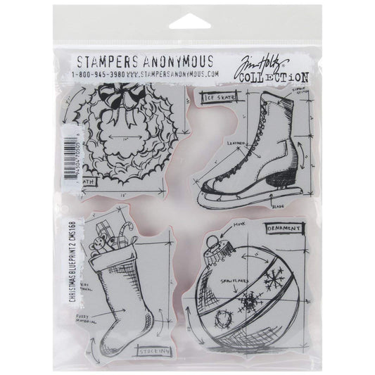 Stampers Anonymous Tim Holtz Cling Rubber Stamp Set, Christmas Blueprints, 7-Inch by 8.5-Inch