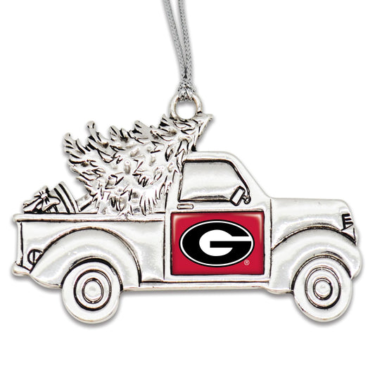 Georgia Bulldogs Vintage Truck Ornament with Team Logo Silver Metal Tree Decoration UGA