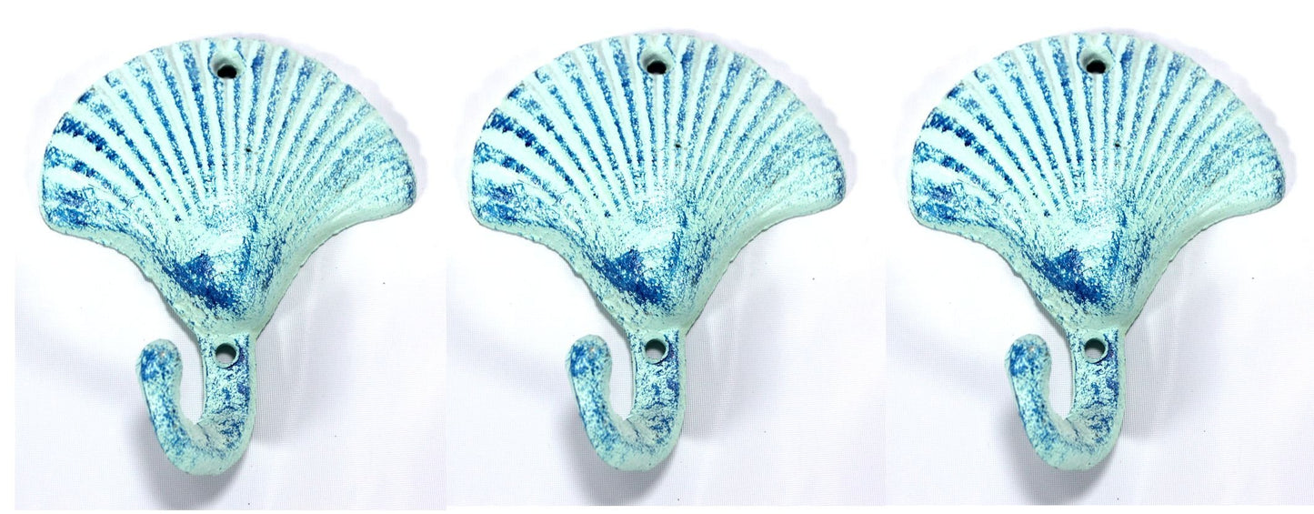 Scallop Shell Wall Hangers Cast Iron Antique Blue - Set of 3 for Coats, Aprons, Hats, Towels, Pot Holders, More