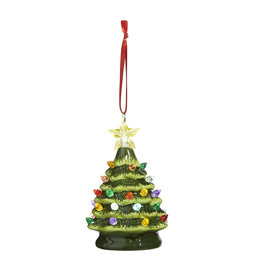 RAZ Imports Vintage Green Lighted Tree Ornament, 5.35-inch Height, Porcelain and Plastic, Christmas, Home Décor