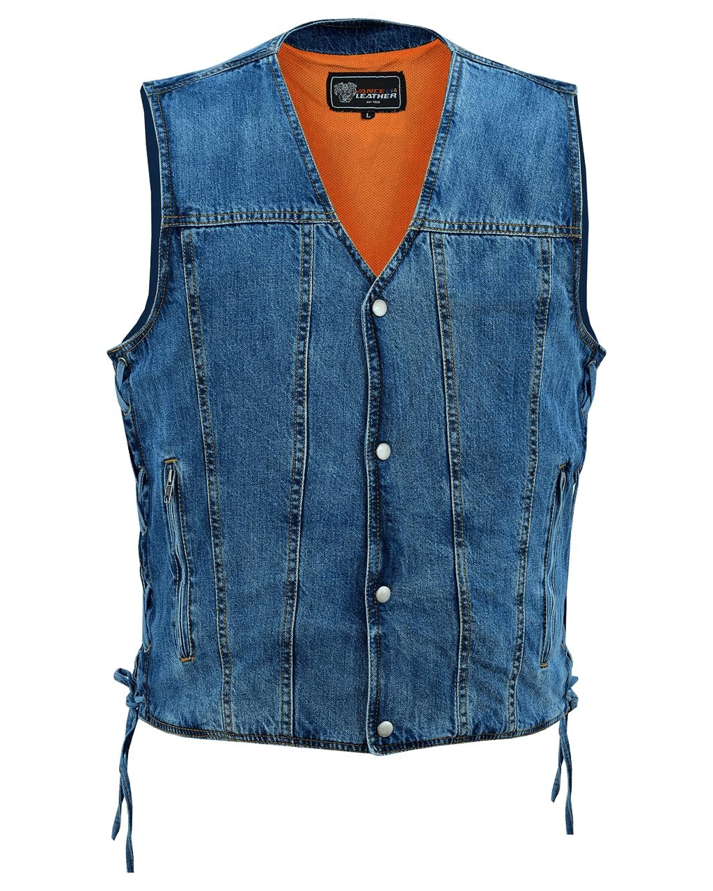 Vance Men's V-Neck Denim Vest for Motorcycle Riders with Conceal Carry Pockets