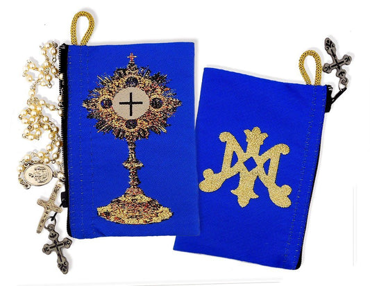 Alexandra Int'l Blue Tapestry Rosary Pouch - Adults & Seniors (Favoring Women) - Unisex - 4.5 x 3 Inch - Blessed Sacrament Monstrance & Virgin Mary Symbols - Zipper with Cross