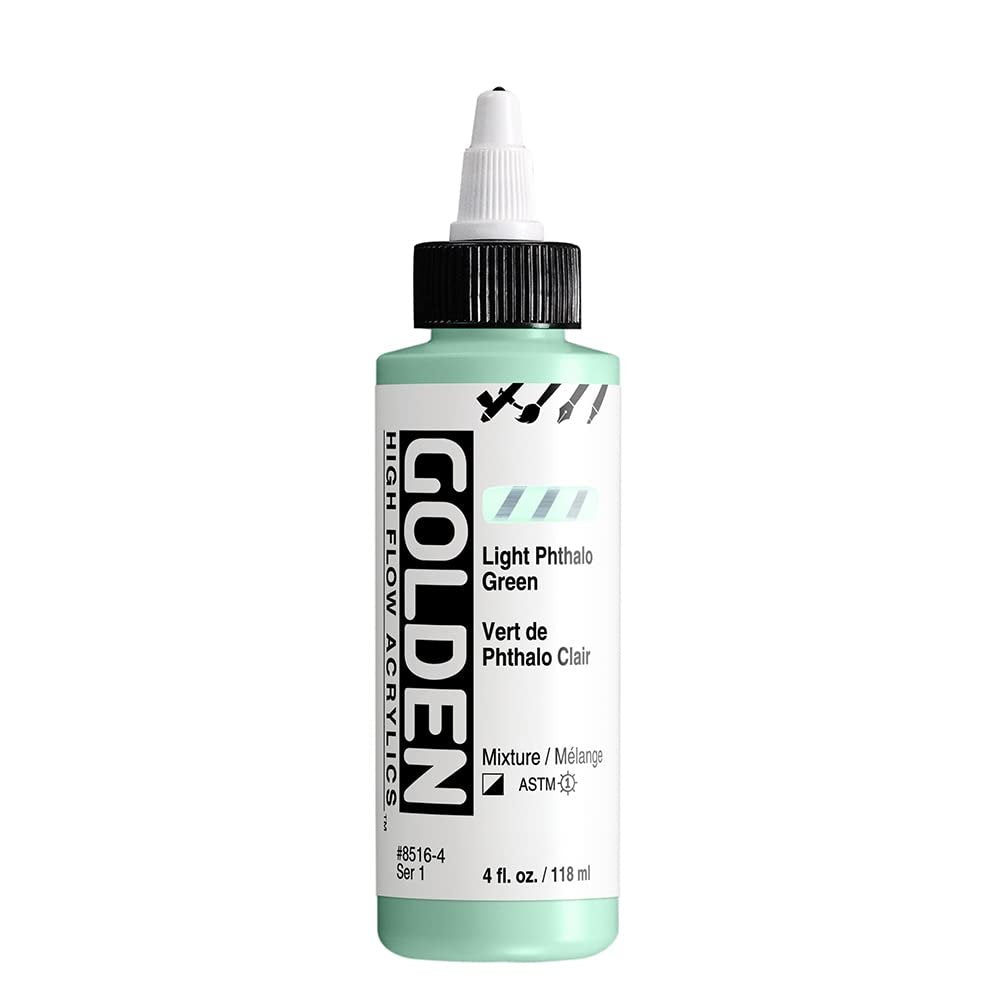 High Flow Acrylics by GOLDEN, Light Phthalo Green, 4 fl. oz. Bottle, Professional Acrylic Paint, Semi-Opaque