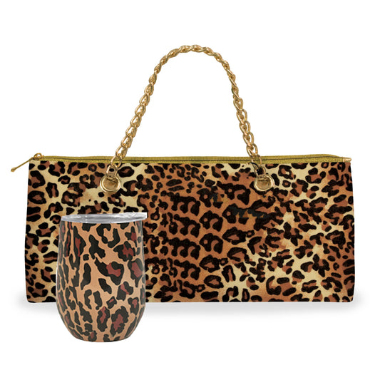 Wild Eye Designs Leopard Wine Bag Trendy Women's Clutch Bag with a Insulated Tumbler Cup | Holds 1 standard bottle of wine | Fashionable Lunch Bag Purse (Leopard)